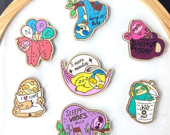 Hand-Painted Pastel Sloth Magnets – Lazy Day Wood Decor