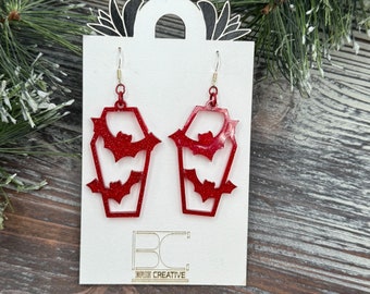 Red Bat Coffin Acrylic Earrings - Gothic Glamour for Nighttime Adventures