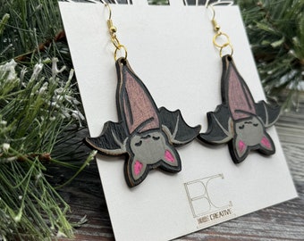 Sleepy Hanging Bat Hand-Painted Wooden Earrings - Whimsical Nighttime Charm