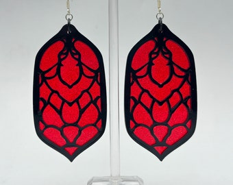 Gothic Art Nouveau Dangle Earrings, Blood Red Glitter Acrylic