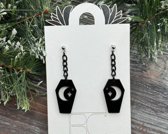 Black Coffin and Moon Dangle Earrings - Celestial Elegance for Nighttime Adventures