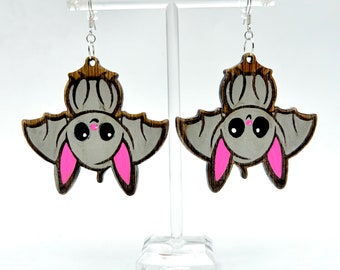 Cute Kawaii Hanging Bat Wooden Earrings - Adorable Whimsy for Your Ears