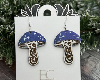 Celestial Mushroom Wooden Earrings - Hand-Painted with Mesmerizing Color-Shifting Magic