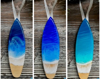 Resin Ocean Surfboard Christmas Ornament - Coastal Holiday Décor / Surf / Beach Wave Ornament / Surfer Gifts / Ocean Gifts