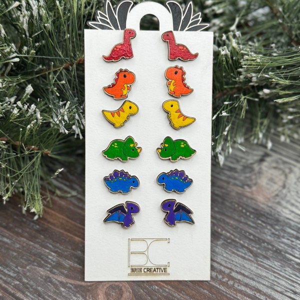 Set of 6 pairs tiny dinosaur stud earrings rainbow color combo cute Dino stud earrings pierced ears