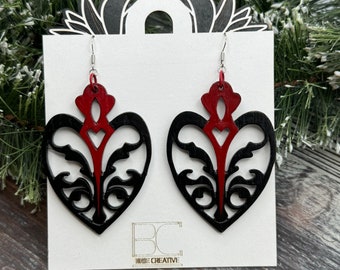 Ornate Red & Black Heart Wooden Earrings - Gothic Romance with a Touch of Elegance