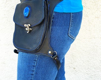 Handmade leather hip bag with leg strap fanny pack wasteland burning man