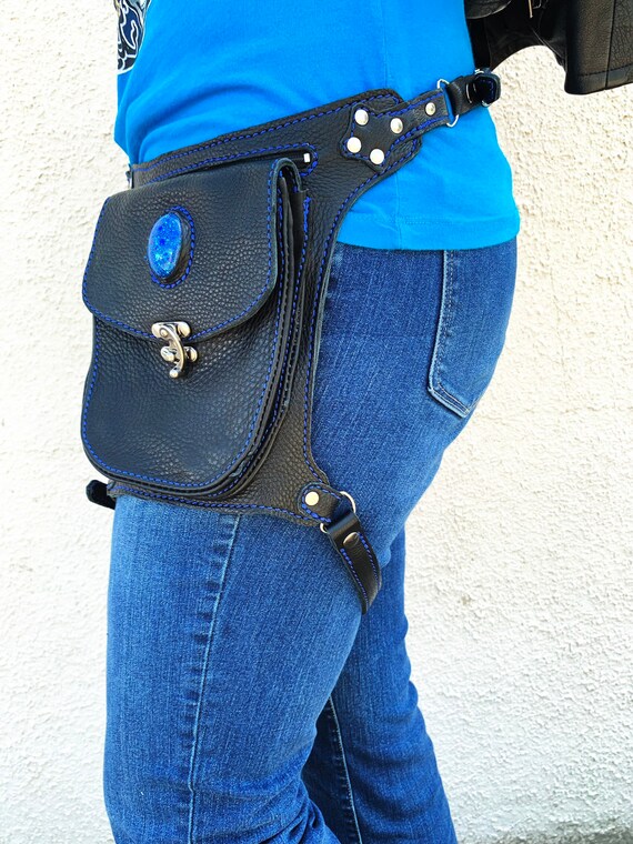 leather hip bag with leg strap
