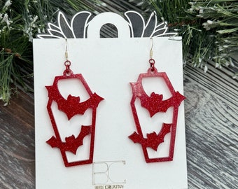 Red Bat Coffin Acrylic Earrings - Gothic Glamour for Nighttime Adventures