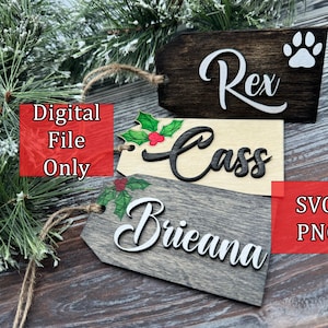May include: Three wooden Christmas ornaments with holly and berry designs. The ornaments are personalized with the names "Rex", "Cass", and "Briana". The ornaments are available as digital files in SVG and PNG formats.