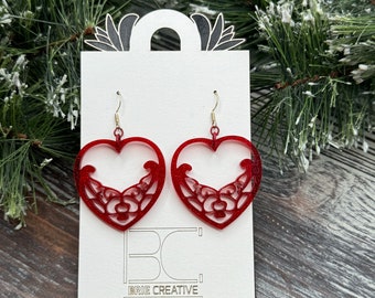 Ornate Heart Red Acrylic Earrings - Romantic Elegance