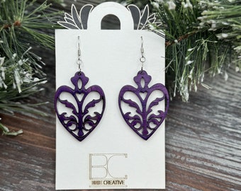 Ornate Purple Heart Wooden Earrings - Regal Elegance for Unique Style