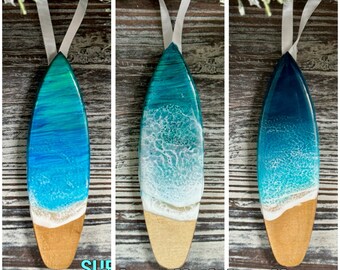 Resin Ocean Surfboard Christmas Ornament - Coastal Holiday Décor / Surf / Beach Wave Ornament / Surfer Gifts / Ocean Gifts