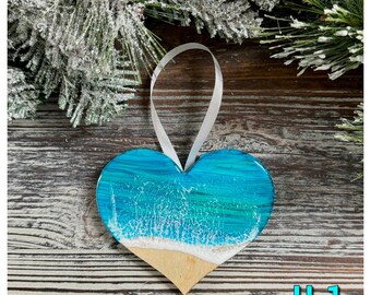 Handmade Ocean Wave Heart Ornament, Beach Decor, Coastal Gift