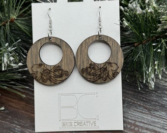 Octopus wood earrings handmade lightweight circle dangle earrings for pierced ears nickel free