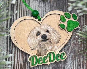 Personalized Pet Photo Ornament: Hand Painted Laser Engraved Wooden Pet Memorial Gift