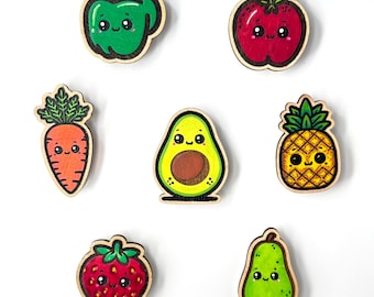 Hand-Painted Kawaii Fruit & Veggie Magnets • Cute Wooden Fridge Décor • Strawberry, Avocado, Carrot, Bell Pepper, etc • Handmade Kawaii