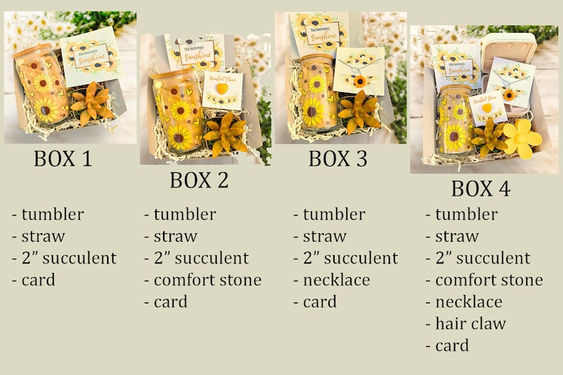 May include: Four gift boxes with a sunflower theme. Each box contains a tumbler, straw, and other items like a succulent, comfort stone, necklace, or hair claw. The boxes also include a card with the text "Sending Sunshine".