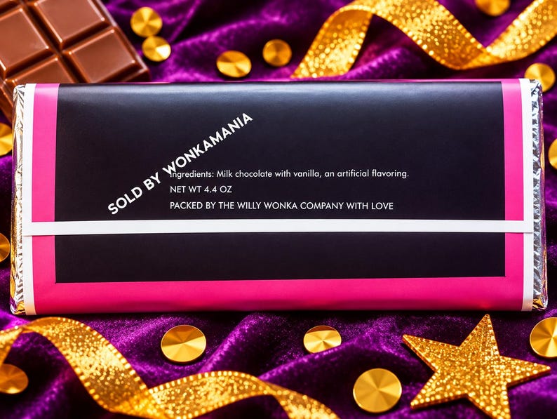 May include: A rectangular chocolate bar in a black wrapper with bright pink borders. The text reads: SOLD BY WONKAMANIA, Ingredients: Milk chocolate with vanilla, an artificial flavoring, NET WT 4.4 OZ, PACKED BY THE WILLY WONKA COMPANY WITH LOVE.