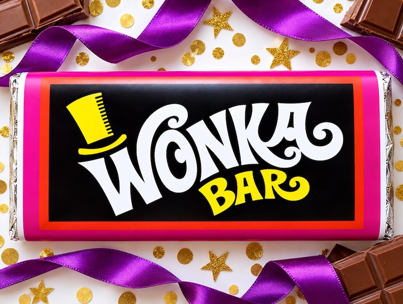 May include: A rectangular chocolate bar wrapped in a black, pink, and orange paper label featuring the white text Wonka Bar and a yellow top hat icon. The bar is surrounded by purple satin ribbon, gold star confetti, and chocolate pieces.