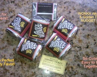 Nugget sized Willy Wonka chocolate bar wrappers & Golden Ticket Stickers-NO CHOCOLATE (30 per set)