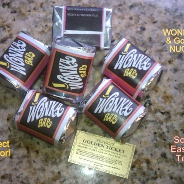 Nugget sized Willy Wonka chocolate bar wrappers & Golden Ticket Stickers-NO CHOCOLATE (30 per set)