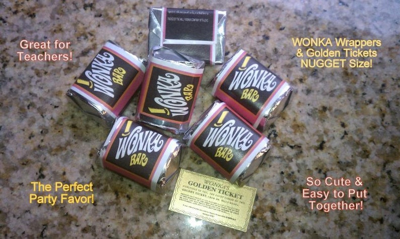 Nugget sized Willy Wonka chocolate bar wrappers & Golden Ticket Stickers-NO CHOCOLATE 30 per set image 1