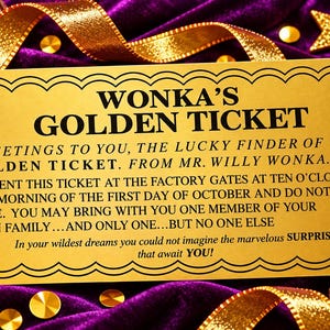 May include: A rectangular gold-colored ticket with a decorative black border and black text that reads WONKA'S GOLDEN TICKET, GREETINGS TO YOU, THE LUCKY FINDER OF THIS GOLDEN TICKET. FROM MR. WILLY WONKA, and additional instructions.