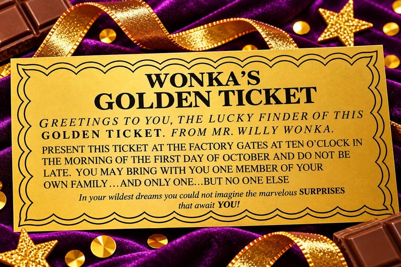 May include: A rectangular gold-colored ticket with a decorative black border and black text that reads WONKA'S GOLDEN TICKET, GREETINGS TO YOU, THE LUCKY FINDER OF THIS GOLDEN TICKET. FROM MR. WILLY WONKA, and additional instructions.