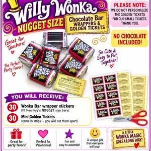 May include: A set of 30 Wonka Bar nugget size chocolate bar wrapper stickers and 30 mini golden tickets. The wrappers are black, red, and white with a yellow top hat graphic. Includes sheets of stickers, a pair of red scissors, and text.