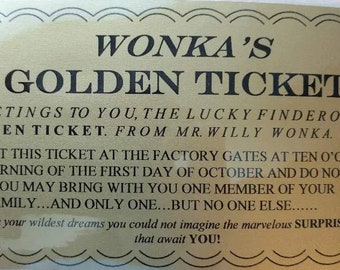 Laminated: Willy Wonka Golden Ticket  Replica - Measures 6 1/4" X 3 1/4"