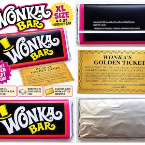 May include: A Wonka Bar chocolate bar in a black and pink wrapper with a yellow top hat logo, including a gold-colored Golden Ticket. The packaging states XL Size 4.4 oz Hershey Bar, with ingredients listed as milk chocolate with vanilla.
