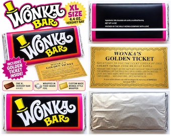 May include: A Wonka Bar chocolate bar in a black and pink wrapper with a yellow top hat logo, including a gold-colored Golden Ticket. The packaging states XL Size 4.4 oz Hershey Bar, with ingredients listed as milk chocolate with vanilla.