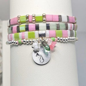 Michigan Cherry Blossom Beaded Bracelet Set with Earrings, Rose Green White Silver