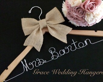 A Custom Wedding Hanger with a Big Burlap Bow, A Bridesmaid's Hanger, A Bridal Gift Hanger, Burlap Wedding Hanger