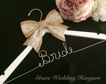 A Rustic Wedding Hanger with a Lacey Burlap Bow, Burlap Name Hanger, Shabby Wire Hanger,  Country Bridal Hanger with Wire Name