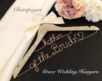 Sparkle Glitter Hanger, A Double Line Personalized Gold Champagne Wedding Hanger with A Gold Name and Hook, A Bridesmaid's Gold Name Hanger