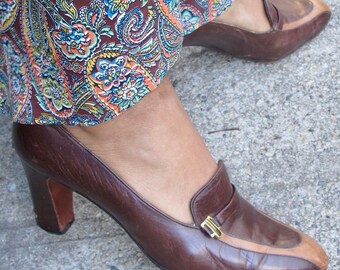 1960-70's Brown Leather Loafer Heels