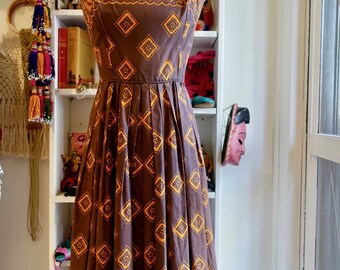 1940-50's vestido de impresión marrón y naranja