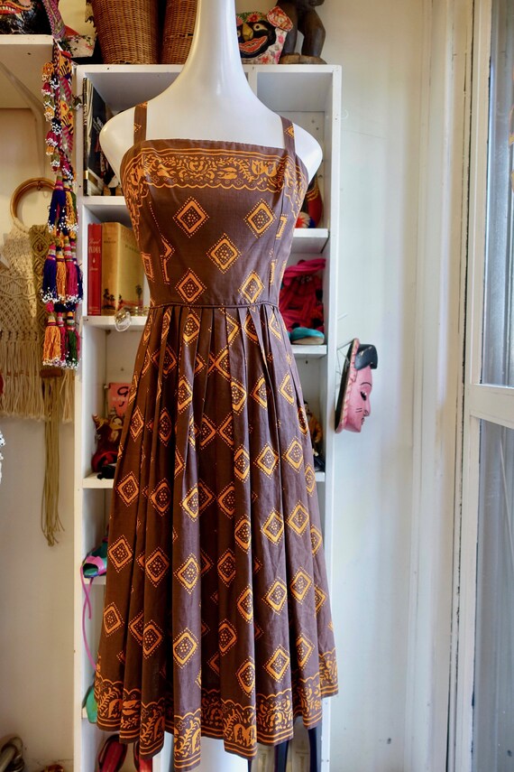 1940-50's Brown and Orange Print Dress