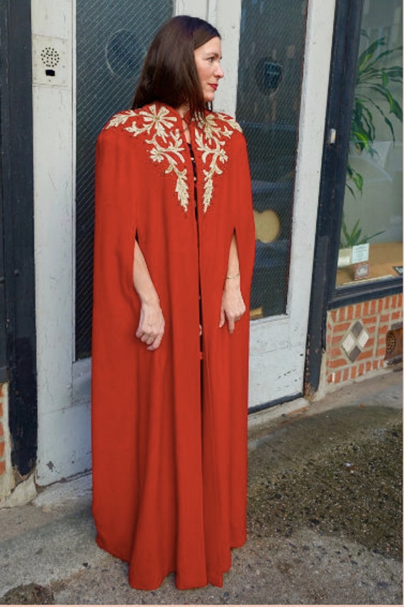 Early 1940's Red Wool Embroidered Cape