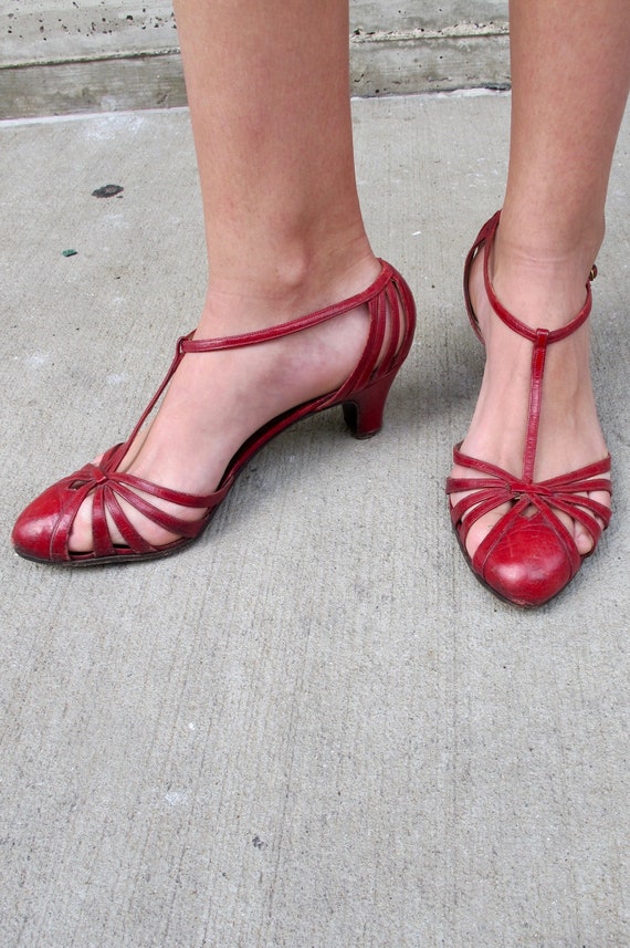 Early 1960's Red Leather T-Strap Heels