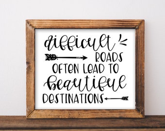 Difficult Roads Often Lead to Beautiful Destinations Quote. Printable Wall Art. DIY Home Decor. Rustic Farmhouse sign. Printable Quote.