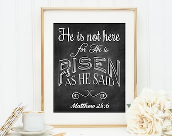 He is Risen Easter PRINTABLE. He is Not Here Matthew 28:6 Scripture Wall Art. Christian Easter sign. Bible verse printable. Easter printable