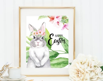 Easter Printable. Easter Bunny Print. Happy Easter Sign. Easter Decor. Sign for Home. Watercolor Bunny. Floral Easter Sign. Spring Sign.