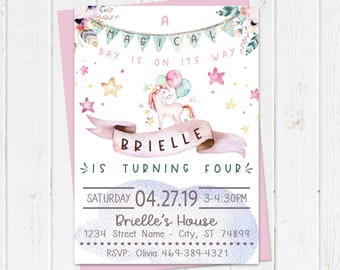 Invitación de cumpleaños de unicornio. Invitaciones de fiesta de unicornio. Cumpleaños mágico de niña unicornio. Suministros de cumpleaños de unicornio. Invitaciones Imprimibles