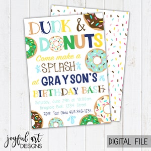 Dunk and Donuts Birthday Invitation. Donut Party Invitations. Donut Boy Birthday. Donut Party Supplies. Printable Invitations & Thank You image 1