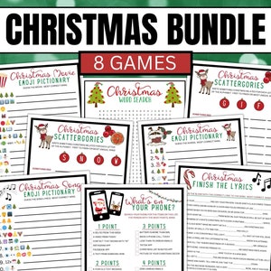 Peut inclure: Un lot de jeux de No&euml;l imprimable avec huit jeux diff&eacute;rents, dont le Pictionary Emoji du film de No&euml;l, le Pictionary Emoji de la chanson de No&euml;l, les Scattergories de No&euml;l, la recherche de mots de No&euml;l, quoi de neuf sur votre t&eacute;l&eacute;phone et Finissez les paroles de No&euml;l.