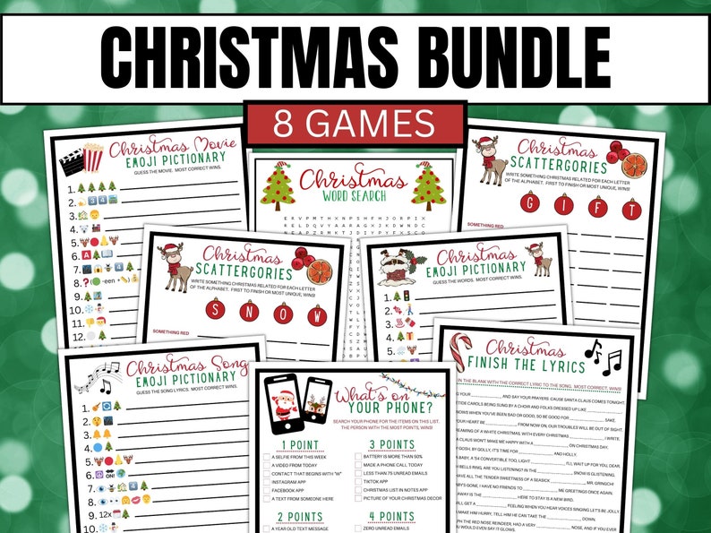 Peut inclure: Un lot de jeux de No&euml;l imprimable avec huit jeux diff&eacute;rents, dont le Pictionary Emoji du film de No&euml;l, le Pictionary Emoji de la chanson de No&euml;l, les Scattergories de No&euml;l, la recherche de mots de No&euml;l, quoi de neuf sur votre t&eacute;l&eacute;phone et Finissez les paroles de No&euml;l.