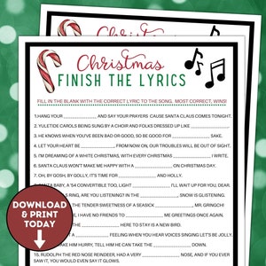 Christmas Carols Finish the Lyric Game / Christmas Party Games / Finish the Phrase Christmas Activity / Christmas Printable Game / Print Now